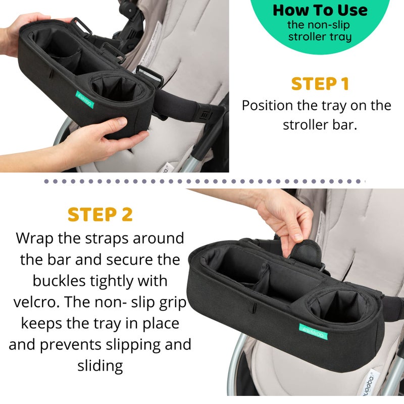 Swanoo Universal Stroller Tray with Insulated Sippy Cup Holder - Upgraded Rigid Frame Stays Upright - Exclusive Non Slip Straps Firmly Grip Stroller Bar. Universal Stroller Snack Tray Attachment - Image 5